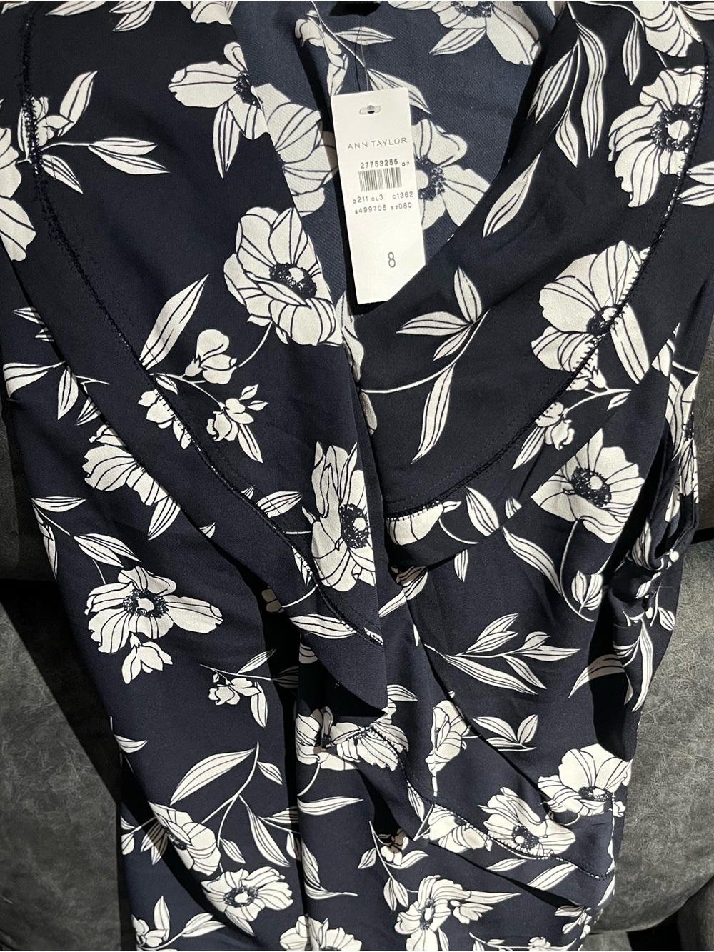 Ann Taylor Navy and White Floral Wrap Blouse